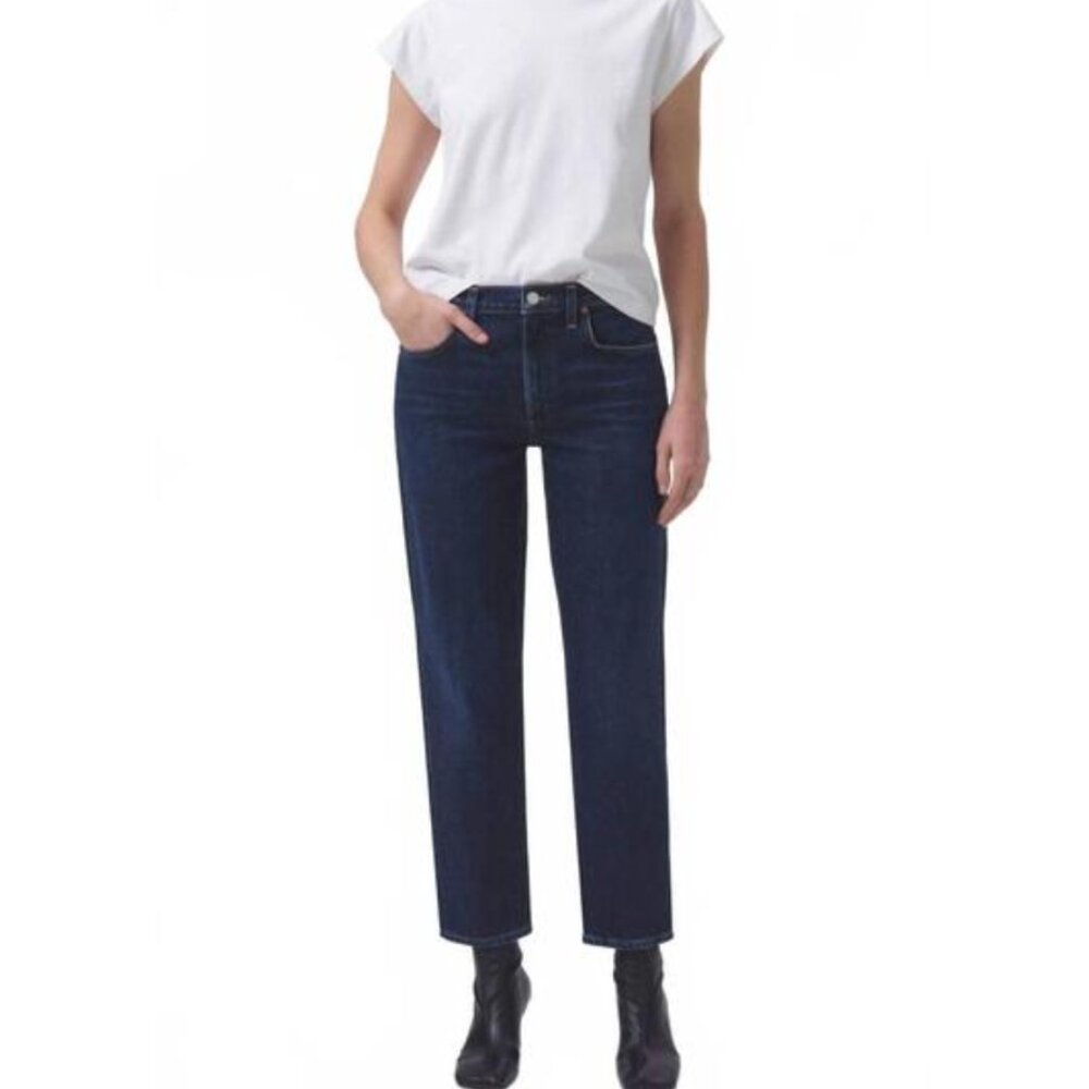 AGOLDE Kye Mid Rise Straight Leg Cropped Jeans in Stone Dark Size 30